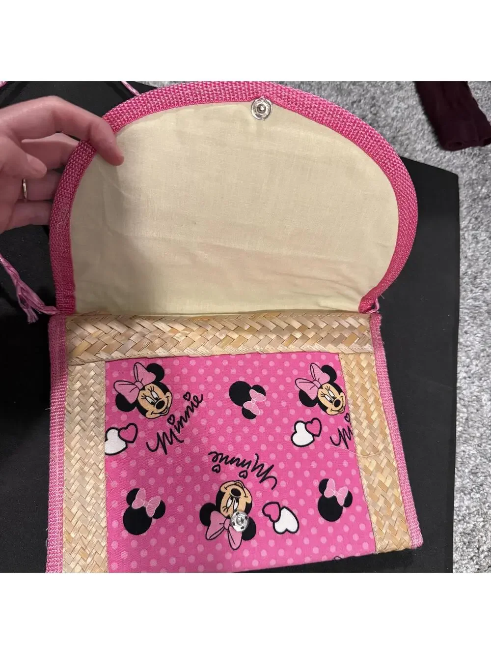 Pink Minnie Mouse Crossbody Bag with Woven Straw Accents